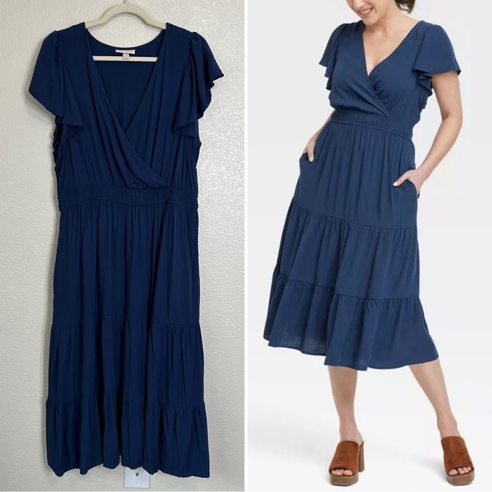 Knox Rose Navy Blue Flutter Short Sleeves Tiered Midi Dress, Size XL